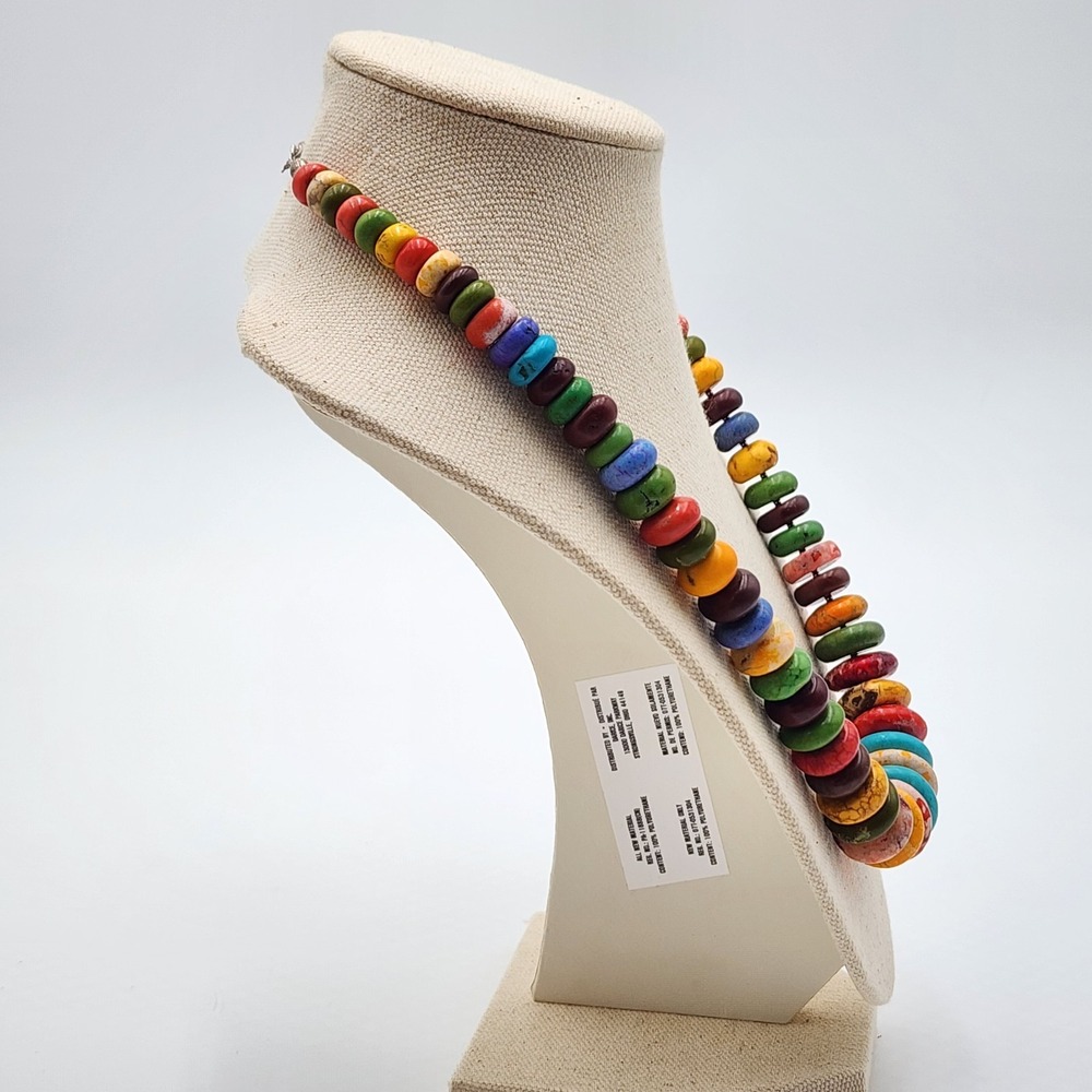 Statement Multicolor Graduated Howlite Disc Necklace Sterling Silver Clasp 22" - Picture 2 of 7